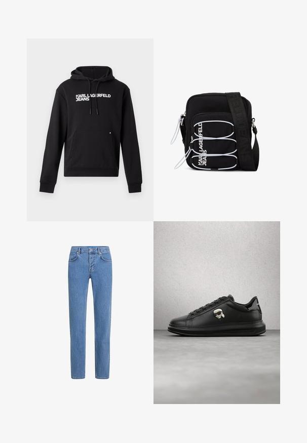 Čierna mikina s kapucňou vyrobená z mäkkého materiálu, s klokankou a kapucňou s šnúrkou. Na hrudi je biele potlačené "KARL LAGERFELD JEANS".; Svetlomodré džínsové nohavice so strihom rovného nohavice, piatimi vreckami a zapínaním na gombík. Tkanina má textúrovaný povrch s jemným vyblednutím.; Osoba nosiaca čierne kožené nohavice a čierne tenisky s malým doplnkom s postavičkou z rozprávky na boku, stojaca na drevenej podlahe.; Čierna kabelka cez rameno s bielymi elastickými slučkami, zipsami a bielym nápisom „KARL LAGERFELD JEANS“ na prednom vrecku.