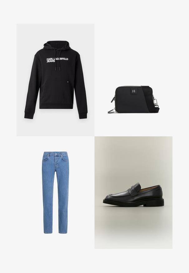 Čierna mikina s kapucňou vyrobená z mäkkého materiálu, s klokankou a kapucňou s šnúrkou. Na hrudi je biele potlačené "KARL LAGERFELD JEANS".; Svetlomodré džínsové nohavice so strihom rovného nohavice, piatimi vreckami a zapínaním na gombík. Tkanina má textúrovaný povrch s jemným vyblednutím.; Čierny kožený pánsky mokasín s nízkym podpätkom a pásikovým detailom cez hornú časť, zobrazený v profile na neutrálnom pozadí.; Čierna obdĺžniková taška vyrobená z textúrovaného materiálu, so zipsom, nastaviteľným popruhom a logom na prednej strane.