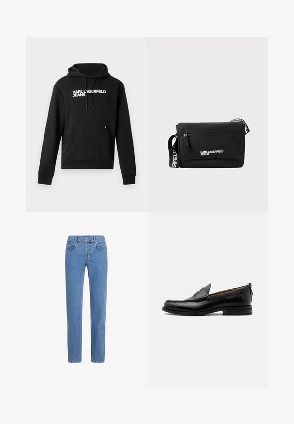 Čierna mikina s kapucňou vyrobená z mäkkého materiálu, s klokankou a kapucňou s šnúrkou. Na hrudi je biele potlačené "KARL LAGERFELD JEANS".; Svetlomodré džínsové nohavice so strihom rovného nohavice, piatimi vreckami a zapínaním na gombík. Tkanina má textúrovaný povrch s jemným vyblednutím.; Čierny kožený pánsky mokasín s prešitím moc toe, penny remienkom, textúrovaným golierom a nízkym vrstveným podpätkom na bielom pozadí.; Čierna messenger taška z hladkého nylónu. Má nastaviteľný popruh, predné vrecko na zips a biely potlačený logo. Obdĺžnikový tvar s minimalistickým dizajnom.