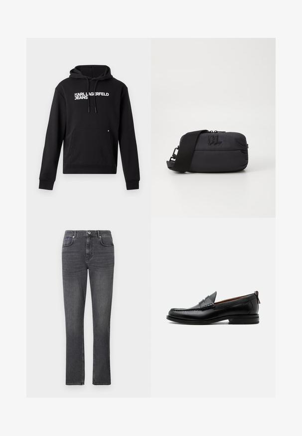 Čierna mikina s kapucňou vyrobená z mäkkého materiálu, s klokankou a kapucňou s šnúrkou. Na hrudi je biele potlačené "KARL LAGERFELD JEANS".; Šedé denimové džínsy s rovnými nohavicami, päť vreciek a jemnými švovými detailmi. Tkanina má hladkú textúru.; Čierny kožený pánsky mokasín s prešitím moc toe, penny remienkom, textúrovaným golierom a nízkym vrstveným podpätkom na bielom pozadí.; Čierna nylonová taška cez telo s hladkým povrchom, zipsovým uzáverom, nastaviteľným popruhom a embosovaným logom na prednej strane.