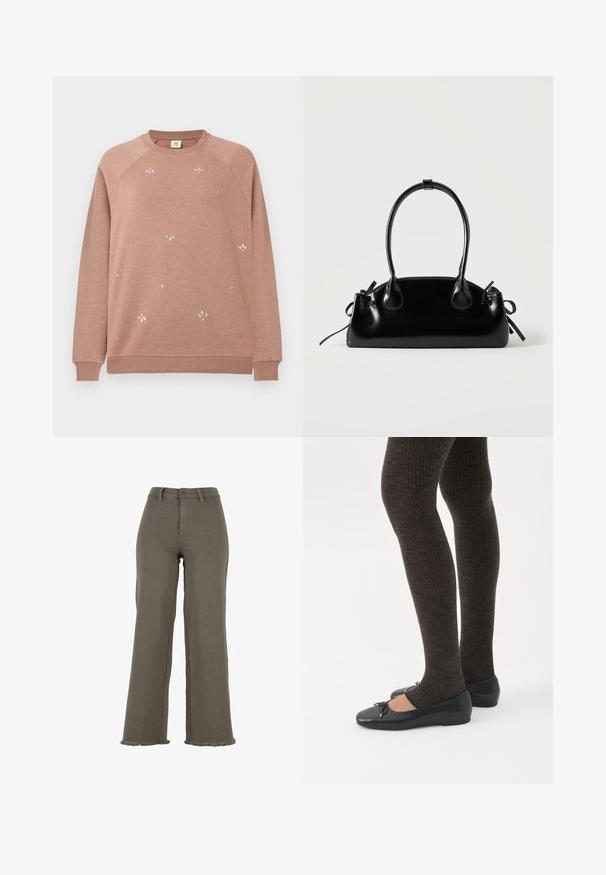 Brun bomulds sweatshirt med raglanærmer, prydet med små metalliske blomsterbroderier og spredte rhinsten på forsiden.; Højttaljede olivengrønne vidde bukser med knap- og lynlåslukning, bærestropper og frynsede kanter.; Ben iført mørke ribbede leggings kombineret med sorte balletsko med små sløjfedetaljer på hvid baggrund.; Lille sort blank håndtaske med to lange håndtag og snøre-detaljer i siden på en ensfarvet lys baggrund.