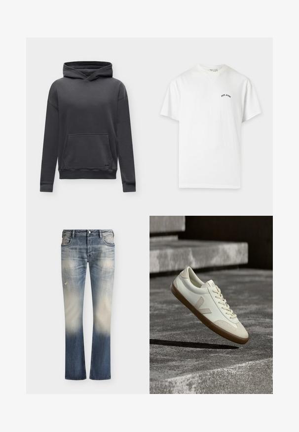Sweat à capuche gris foncé avec poche kangourou à l'avant et manches longues, posé à plat sur un fond clair.; T-shirt blanc à manches courtes col rond avec petit texte noir "Pepe Jeans" sur la poitrine gauche.; Jean en denim bleu délavé avec des détails usés, poches avant, fermeture à boutons et coupe droite.; Baskets en cuir blanc avec semelle en caoutchouc beige, lacets plats et accent en forme de V sur le côté. Présentent une surface lisse et peu de détails de couture.