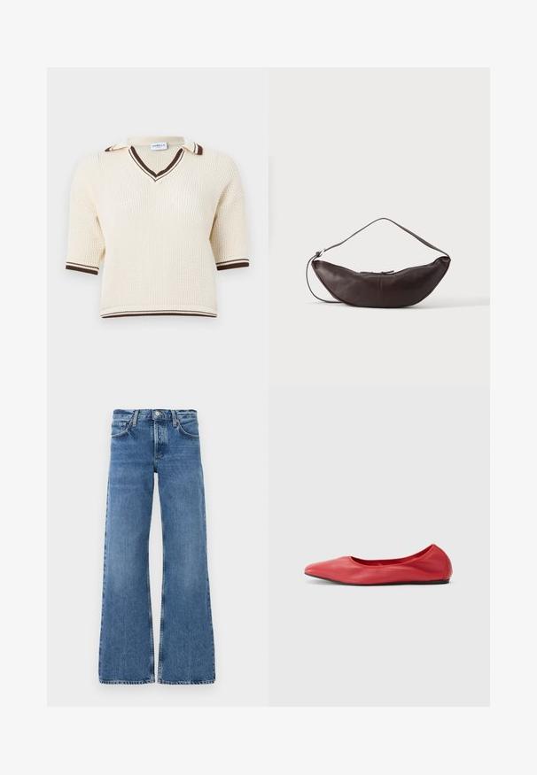 Gebreide korte mouw polo in crème met bruine accenten, voorzien van een V-hals en een gestructureerd patroon over het gehele kledingstuk.; Brede blauwe spijkerbroeken gemaakt van denim met een vervaagde was, voorzakken, een knoopsluiting en gescheurde zomen aan de benen.; Filippa K REY FLATS - Ballerina's - bright red; Donkerbruine leren schoudertas in halve maan vorm met een gebogen band en zichtbare stiksels op een effen achtergrond.