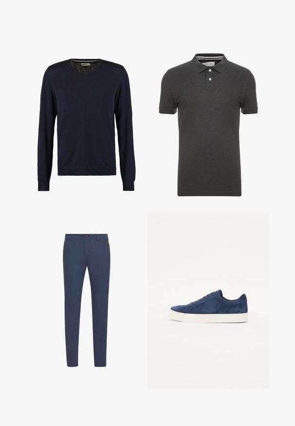 Suéter de punto azul marino con cuello en V y mangas largas, fabricado en material suave, con puños y dobladillo acanalados, textura lisa y sin patrones visibles.; Polo de color gris oscuro con mangas cortas, cuello con solapa y tapeta de tres botones. Presenta un sutil detalle a rayas en el interior del cuello.; Pantalones de algodón azul marino con corte slim, con un botón marrón, bolsillos frontales y costuras simples. Textura suave, sin patrones visibles.; Zapatillas de ante azul marino con punta redonda, cinco ojales, suela de goma blanca y un diseño minimalista. Textura suave, sin patrones visibles.