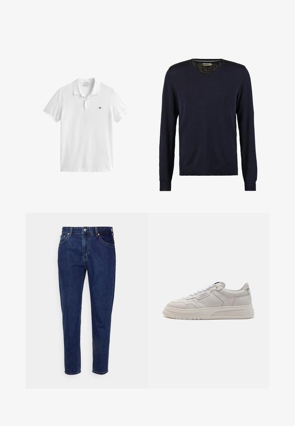 Pull en v bleu marine à manches longues, fabriqué en maille douce, avec des poignets et un ourlet côtelés, une texture lisse et sans motifs visibles.; Polo blanc à manches courtes avec deux boutons et petit logo écusson brodé sur la poitrine gauche.; Jean droit en denim bleu foncé avec fermeture à bouton et zip à l'avant, passants pour ceinture, poches avant et arrière.; Iceberg CLOCK V2 - Baskets basses - comb off white