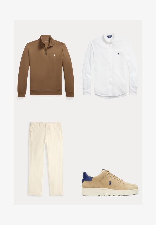 Pruun pikkade varrukatega pullover, neljandiku lukuga kraega ja väike valge Polo Ralph Laureni logo vasakul rinnal.; Valge pikkade varrukatega nööpidega särk nööbitava kraega ja väike tume Polo Ralph Laureni logo vasakul rinnal.; Kreemikas sirge jalaosaga püksid vöö aasade ja küljetaskutega, esitatud tasaselt heledal taustal.; Beežid seemisnahast vabaajajalatsid tumesinise kandetabiga ja logoga, valge tallaga, paeltega ning külje peal polo mängija tikandiga.