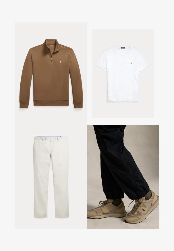 Brauner Langarmpullover mit Viertelreißverschluss am Kragen und kleinem weißen Polo Ralph Lauren-Logo auf der linken Brust.; Weißes T-Shirt mit Rundhalsausschnitt und kurzen Ärmeln, mit kleinem gesticktem Polo Ralph Lauren Logo auf der linken Brust und blauem Markenetikett innen am Kragen.; Cremefarbene gerade geschnittene Hosen mit Gürtelschlaufen und verdecktem vorne liegenden Verschluss auf einfarbigem Hintergrund.; Person, die beige Schnürsneakers mit schwarzem Logo, olivgrünen Socken und schwarzen Hosen mit elastischen Bündchen trägt, die auf einem neutralen Boden steht.