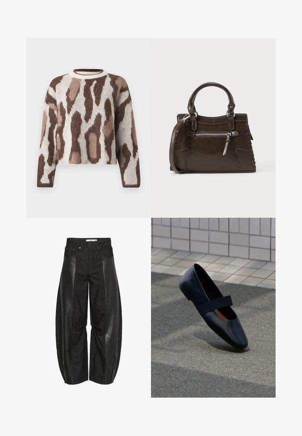 Ruskea ja kerma va cropped-neule, jossa on pehmeä rakenne, leopardinomaista kuviointia ja pyöreä kaula-aukko. Pitkät hihat täydentävät muotoilua.; Mustat housut, joissa on sekoitus denimiä ja nahkapaneeleja. Suunnittelu on leveälahkeinen ja siinä on tekstuurivaihteluita, luoden erottuvan visuaalisen kontrastin.; Musta nahkakenkä, jossa on pyöreä kärki ja pehmeä musta joustava nauha päällä. Sileä pinta ja yksinkertainen muotoilu.; Ruskea nahkainen käsilaukku, jossa on yläkahvat, vetoketjullinen etutasku ja punottu yksityiskohta sivuilla. Sileä pinta ja jämäkkä muoto.