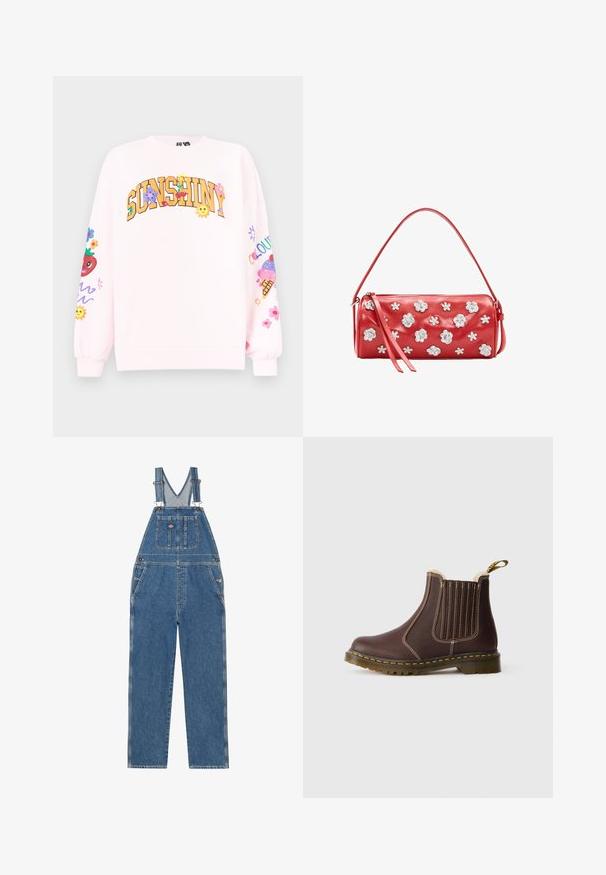 Lyserød sweatshirt med teksten "SUNSHINY" dekoreret med blomster, kirsebær, smilende sole og farverige designs på begge ærmer.; Denim overalls med justerbare stropper, V-formet brystlomme, frontlomme og sidelommer. Har en klassisk blå farve og kontrastsyninger.; Brune læder Chelsea støvle med gule sømme, elastiske sidestykker, pelsfor og gennemsigtig gummisål på hvid baggrund.; Rød cylindrisk håndtaske med sølvblomsterudsmykning og en tynd rem, med lynlåslukning og tilknyttede lædertrækkere.