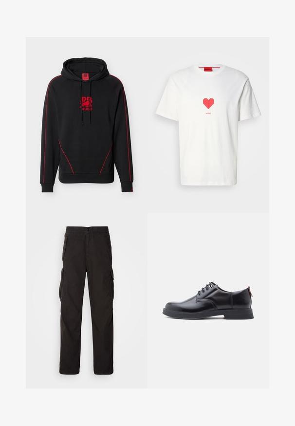 Sort hættetrøje med røde kanter på ærmer og forlommer, rød logo og teksten "HUGO" i midten af brystet, snore til hætten.; Hvid bomuld T-shirt med et rødt hjertegrafik i midten. Brandnavnet "HUGO" er trykt under hjertet i en simpel skrifttype.; Sorte cargobukser med lige pasform, elastisk talje, flere sidelommer og et struktureret stof for holdbarhed.; Sorte snørestøvler i læder med glat tekstur, rundet tå og diskrete syningsdetaljer. Har en rød trækflig på hælen.