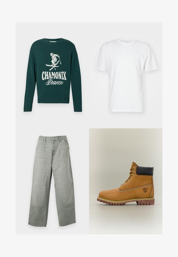Πράσινο πλεκτό πουλόβερ με γραφικό ενός σκιέρ σε λευκό και το κείμενο "CHAMONIX Γαλλία". Το σχέδιο ολοκληρώνεται με ριμπ τελείωμα στο λαιμό και το κάτω μέρος.; Λευκό βαμβακερό T-shirt με κοντά μανίκια, στρογγυλή λαιμόκοψη και λεία υφή. Απλός σχεδιασμός χωρίς σχέδια ή γραφικά.; Χαλαρή, ψηλόμεση γκρι παντελόνα με φαρδιά πόδια, μεγάλες μπροστινές τσέπες με πατς, θηλιές για ζώνη και κλείσιμο με κουμπί.; Καφέ δερμάτινο μποτάκι αστραγάλου με μαύρο γιακά, κίτρινα κορδόνια και ταμπά σόλα. Διαθέτει λογότυπο και λευκή ραφή για λεπτομέρεια. Ανθεκτική εξωτερική σόλα με τραχύ πέλμα.