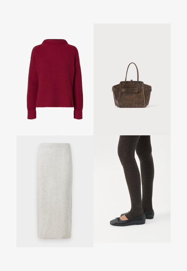 Roter, langärmliger Strickpullover mit hohem Kragen und gerippten Bündchen, dargestellt auf einem schlichten weißen Hintergrund.; Strick-Bleistiftrock in Hellgrau, mit einer glatten Textur und eng anliegendem Design, am unteren Rand gesäumt und mit einem leicht dehnbaren Bund.; Beine in dunklen, gerippten Leggings kombiniert mit schwarzen Ballerinas mit kleinen Schleifendetails auf weißem Hintergrund.; Dunkelbraune, strukturierte Lederhandtasche mit zwei Griffen, einer vorderen Klappentasche und seitlichen Reißverschlussfächern vor einem schlichten hellen Hintergrund.