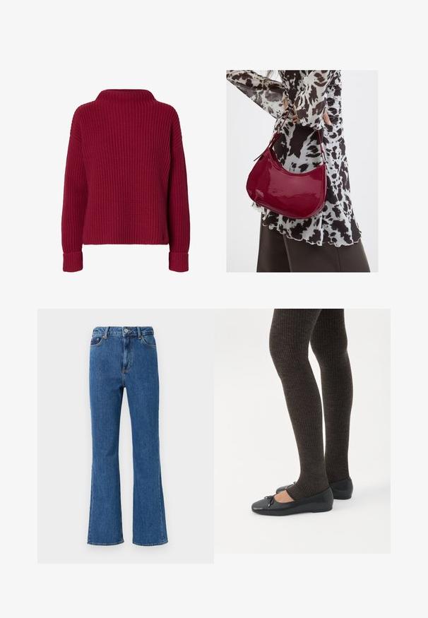 Rode, gebreide trui met lange mouwen, hoge kraag en geribde manchetten, weergegeven op een effen witte achtergrond.; Hoge taille, uitlopende jeans van blauwe denim. Kenmerken zijn een knoopsluiting, voorzakken en minimale stikseldetails.; Benen met donkere geribbelde leggings gecombineerd met zwarte ballerina's met kleine strikdetails op een witte achtergrond.; Vrouw met een zwart-wit gebloemde blouse houdt een glanzende rode schoudertas vast tegen een effen achtergrond.