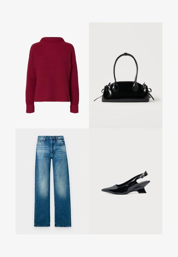 Rode, gebreide trui met lange mouwen, hoge kraag en geribde manchetten, weergegeven op een effen witte achtergrond.; Lichtblauwe denimjeans met een hoge taille, wijde pijpen en een vervaagde afwerking. Voorzien van een klassiek five-pocket ontwerp en metalen knoopsluiting.; Zwarte lakleren slingback schoen met spitse neus en lage schuine blokhak op een effen lichte achtergrond.; Kleine zwarte glanzende handtas met twee lange hengsels en zijkant trekkoord details op een effen lichte achtergrond.