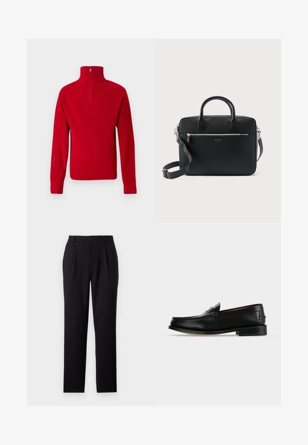 Suéter de punto rojo brillante con un cuello alto y cierre de media cremallera, que presenta puños y dobladillo acanalados sobre un fondo liso.; Pantalones de vestir negros con un diseño de pierna recta, fabricados en un tejido suave. Presentan pliegues frontales y un cierre de botón en la cintura.; Mocasín masculino de cuero negro con tacón bajo y costura estilo mocasín en la puntera, mostrado de lado sobre un fondo liso.; Maletín rectangular de cuero negro con textura, con doble asa, bolsillo frontal con cremallera y correa de hombro ajustable, mostrado sobre fondo blanco.
