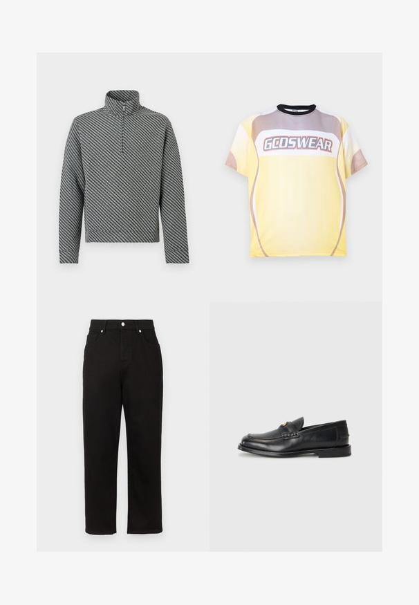Pull-over gris à quart de fermeture éclair avec un motif pied-de-poule, doté de manches longues et d'un tissu texturé. Design élégant et léger.; T-shirt à manches courtes avec col rond, blocs de couleurs jaune, beige et blanc et logo « GCDSWEAR » sur la poitrine.; Pantalon en denim noir avec une coupe droite, présentant une taille haute, des poches frontales et des garnitures en métal argenté au niveau de la ceinture.; Des mocassins en cuir noir présentent un bout arrondi, des détails cousus et un petit accent doré à l'avant. La semelle est plate et discrète.