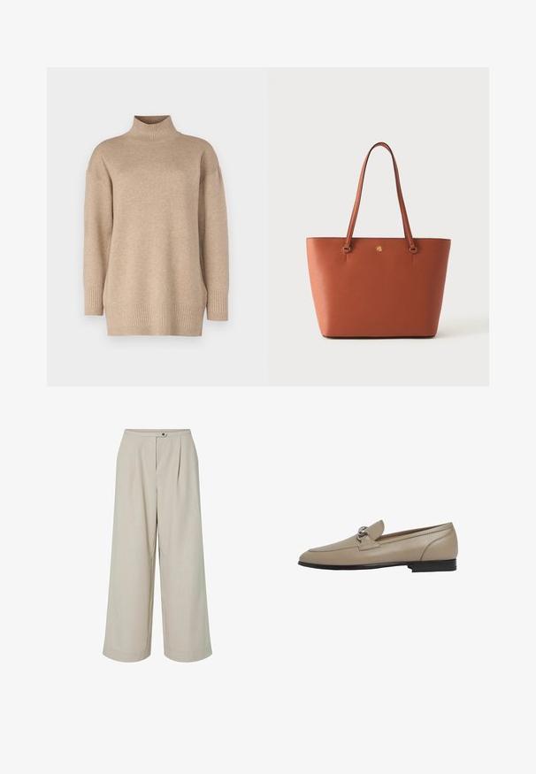 Beige turtleneck-trøje med løs pasform, ribbet kant og ærmekanter, blød tekstur og let sænkede skuldre. Fremstillet af et let materiale.; Beige vidde bukser med høj talje, frontknap og lynlås lukning, samt stikninger ved kanten.; Beige læder loafer med en sølvfarvet detalje, der har en rund tå og flad sål. Slank design med syninger.; Brun lædertaske med to lange håndtag og en lille guld "RL"-logo centreret nær toppen.