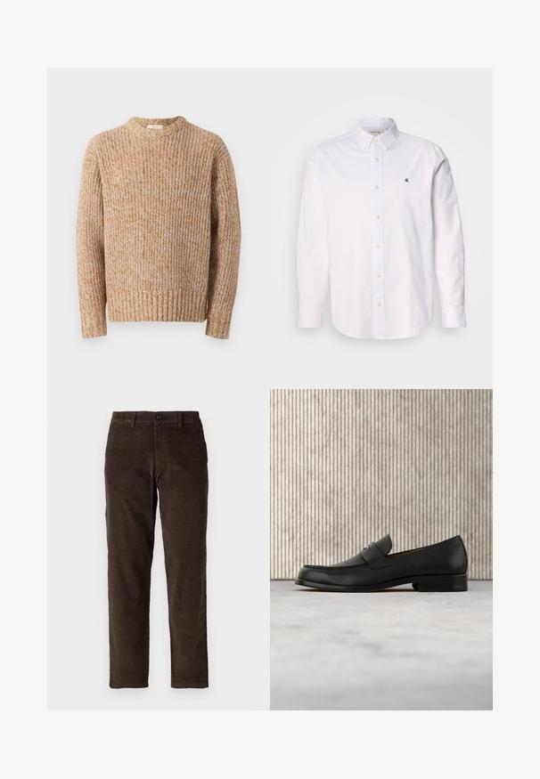 Gebreide trui in beige en oranje tinten, met een textuurribbelpatroon, ronde halslijn en lange mouwen met een rechte zoom.; Witte button-up shirt gemaakt van katoen, met een klassieke kraag, lange mouwen en een klein CK-logo op de linkerborst. Glad oppervlak.; Bruine corduroybroek met een recht model, voorzien van een knoopsluiting aan de voorkant en standaard riemlussen. Soepele textuur en een klassieke snit.; Zwarte leren loafer zweeft boven een beige tapijt met op de achtergrond een glanzende, ronde, bruine tafel.
