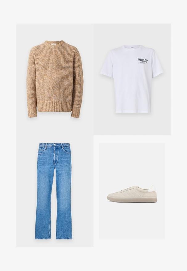 Gebreide trui in beige en oranje tinten, met een textuurribbelpatroon, ronde halslijn en lange mouwen met een rechte zoom.; Witte katoenen t-shirt met korte mouwen en een ronde hals. De bedrukking op de linkerborst luidt "REPUBLIQUE FRANCAISE" in donkergroene letters.; Blauwe, recht gesneden jeans van denim met een vervaagde wassing. Voorzien van een knoopsluiting, riemlussen en een standaard vijf-pocket ontwerp.; Beige suède sneaker met een gestructureerd bovenwerk, een gladde witte hielkap, dunne veters en een rubberen buitenzool. Heeft een slank, laag profiel.