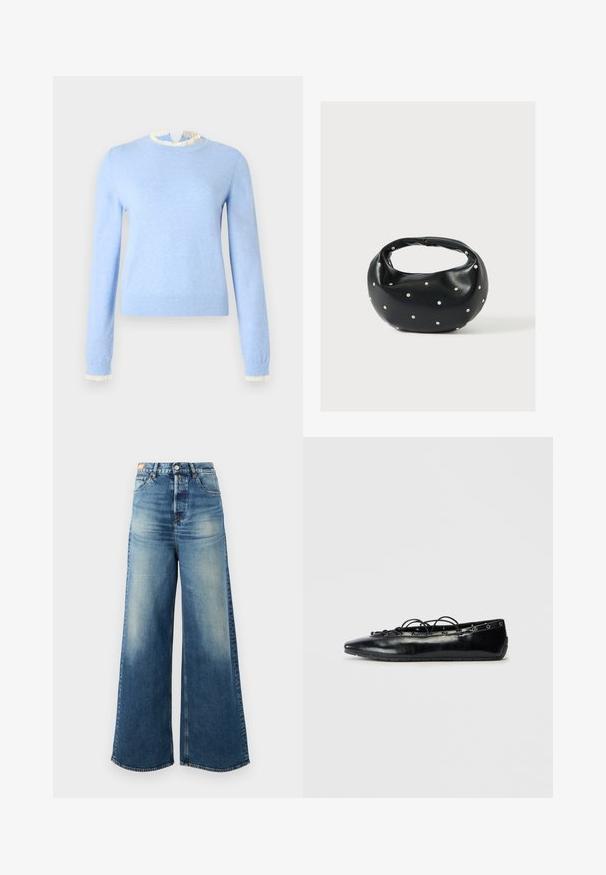 Lyseblå sweater lavet af blødt stof med en flæset hvid halsudskæring og manchetter, lange ærmer og en figursyet pasform.; Bredde ben blue denim jeans med en falmet finish, høj talje og klassisk fem-lomme design. Har kobber hardware og flossede kanter.; Sort spids flad sko med snørebånd foran og øjet detaljer langs kanterne, vist på en hvid baggrund.; Sort læderhåndtaske med en rundet form, dekoreret med sølvnitter, og et kort håndtag. Glat tekstur og lynlåslukning.