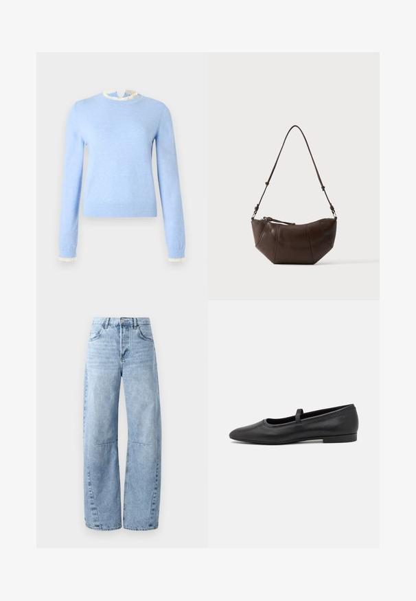 Suéter azul claro de tela suave, con cuello y puños blancos con volantes, mangas largas y diseño ajustado.; Vaqueros de mezclilla de pierna ancha en tono azul claro, con cintura alta, cinco bolsillos y un ligero desgastado. Las piernas presentan costuras y costuras visibles.; Bailarinas negras de piel lisa, con punta redondeada, una pequeña tira en la parte superior y un diseño minimalista.; Bolso de hombro de cuero marrón con fondo curvado y correa ajustable sobre un fondo claro y liso.