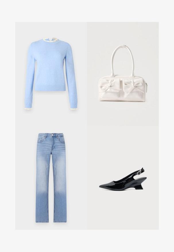 Suéter azul claro de tela suave, con cuello y puños blancos con volantes, mangas largas y diseño ajustado.; Pantalones de mezclilla azul claro con un diseño de pierna recta, que presentan un lavado deslavado en la parte inferior y un estilo clásico de cinco bolsillos.; Zapato slingback de cuero charol negro con puntera puntiaguda y tacón bajo en bloque inclinado sobre fondo claro liso.; Bolso sintético blanco con dos bolsillos delanteros, cada uno con un detalle de lazo atado. Textura suave, asas redondeadas y cierre de cremallera.