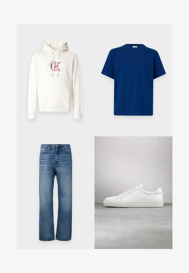 Witte capuchontrui met een voorvak, met een rood-zwart "CK" logo op de borst. Gemaakt van zachte stof met geribbelde boorden.; Effen blauwe T-shirt met korte mouwen, ronde hals en een subtiel klein logo in het midden van de borst, afgebeeld tegen een effen achtergrond.; Blauwe rechte spijkerbroek met lichte vervaging, gesloten met een knoop aan de voorkant en een klein logolabel op de rechter voorkzak.; Witte sneaker met een gladlederen bovenwerk en een laag profiel. Voorzien van een ronde neus, zes vetergaatjes en een gestructureerde rubberen zool.