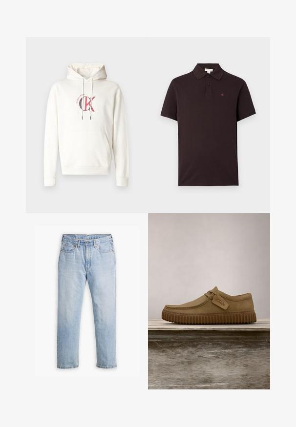 Hvid hættetrøje med frontlomme og et rødt og sort "CK"-logo på brystet. Fremstillet af blødt stof med ribkantede manchetter.; Sort polo-shirt lavet af bomuld med klassisk krave, to knapper og en lille rød logo på brystet. Korte ærmer, glat tekstur.; Lysblå denimjeans med lige bendesign, fem lomme stil og kontrastsyet. Knap- og lynlåslukning i taljen.; Lysebrune ruskindsko med rund tå, syet detaljer og en ribbet brun gummisål. Har et sidemærke med "Clarks" logo.