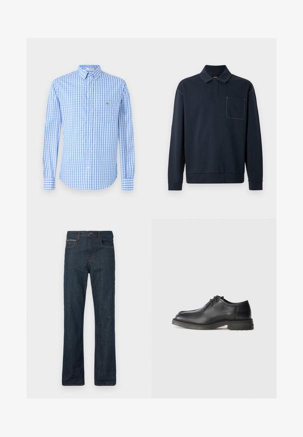 Polo à manches longues bleu marine en tissu doux, avec un plastron sans bouton et une poche appliquée avec des détails de couture contrastés.; Chemise à carreaux bleue et blanche, à manches longues, avec un col et une poche poitrine. Le tissu semble lisse et léger.; Jean en denim foncé avec un design de jambe droite, coutures orange, cinq poches et une braguette à boutons. Le matériau est épais et texturé, typique du denim.; Chaussure en cuir noir avec une texture lisse, bout arrondi et couture embossée peu profonde. Semelle en caoutchouc épaisse avec un léger talon et un motif antidérapant.