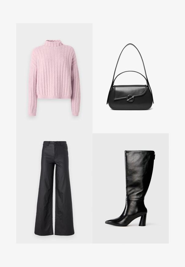 Suéter de punto rosa claro con textura acanalada, cuello alto y mangas largas. El diseño presenta un largo recortado y un corte holgado.; Pantalones de pierna ancha en material de cuero sintético. Presentan una cintura alta, trabillas para cinturón, dos bolsillos delanteros y detalles de costura.; Bota de cuero negro hasta la rodilla con punta afilada, textura suave y un tacón grueso. Presenta un detalle de cremallera en la parte de atrás.; Bolso de hombro de cuero negro con una solapa curva asegurada por un broche metálico redondo y una correa delgada y ajustable.