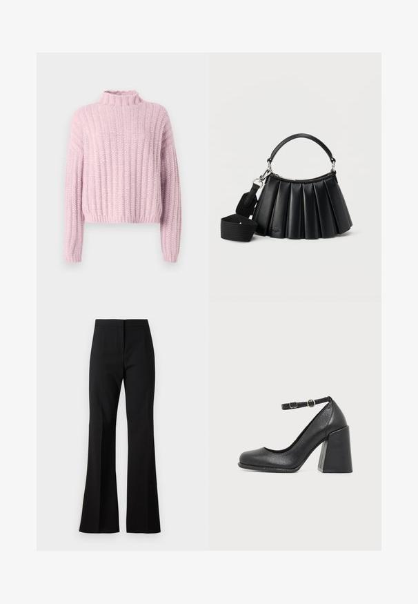 Suéter de punto rosa claro con textura acanalada, cuello alto y mangas largas. El diseño presenta un largo recortado y un corte holgado.; Pantalones de campana negros hechos de una tela suave, con cintura alta, pliegues delanteros y un acabado limpio en los bajos.; Zapato de piel negra con tacón alto, punta redondeada y tacón grueso en bloque, con una correa ajustable en el tobillo con una pequeña hebilla redonda.; Bolso negro de cuero plisado con asa corta y correa de hombro ancha de tela desmontable sobre fondo blanco.