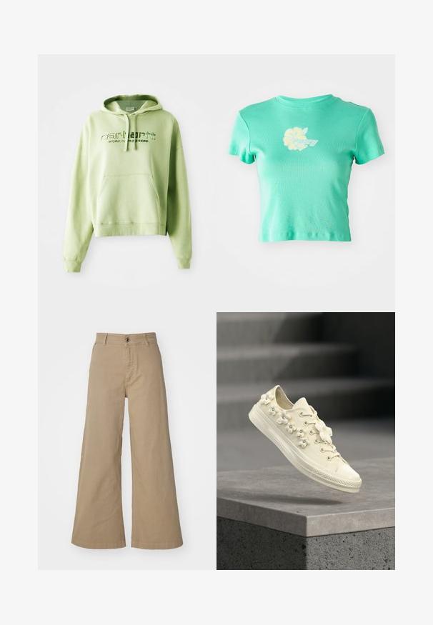Lys grøn hoodie lavet af en bomuldsblanding. Har en kænguru-lomme, hætte med snor og broderet logo-tekst "Carhartt Work in Progress."; Korthættet t-shirt i lyseblå stof med et blomstermønster og "ROXY" logo i hvid og gul på forsiden. Korte ærmer.; Khaki brede bukser lavet af bomuld, med en frontknaplukning, bæltesløjfer og en glat, mat overflade.; Off-white sneaker med gummisål, dekoreret med små 3D-blomsterapplikationer med perle-centrer, svævende over en betonflade.