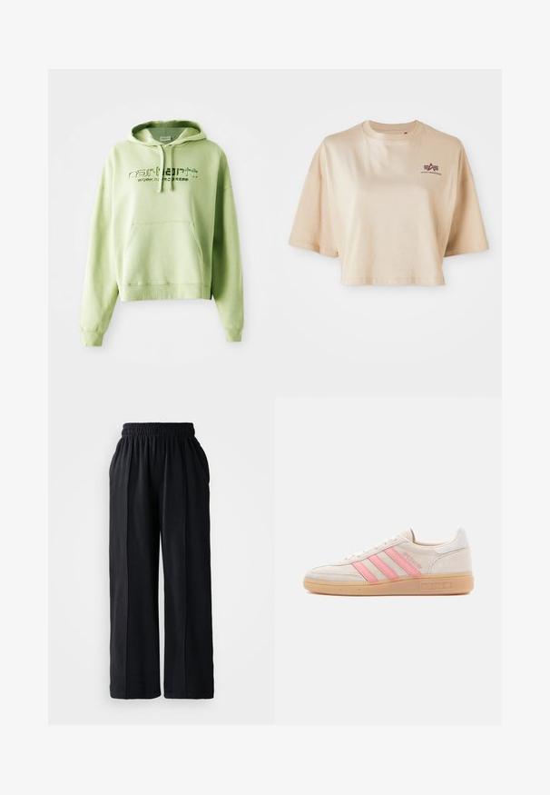 Hele roheline kapuutsiga sviiter, mis on valmistatud puuvillase seguga. Omab taskut ees, reguleeritavat kapuutsi ja tikandiga logo teksti "Carhartt Work in Progress."; Khaki värvi lühikeste varrukatega puuvillane lühike t-särk, ümara kaelusega ja tumepunase logo graafikaga vasakul rinnal.; Mustad laiad püksid elastse vöökohtaga, valmistatud pehmest kangast, millel on sile tekstuur ja puhas disain.; Beežist seemisnahast toss roosade kolmekordsete triipudega külgedel. Omab tekstureeritud kummist tallaga ja valget kannaaktsenti. Minimalistlik disain.