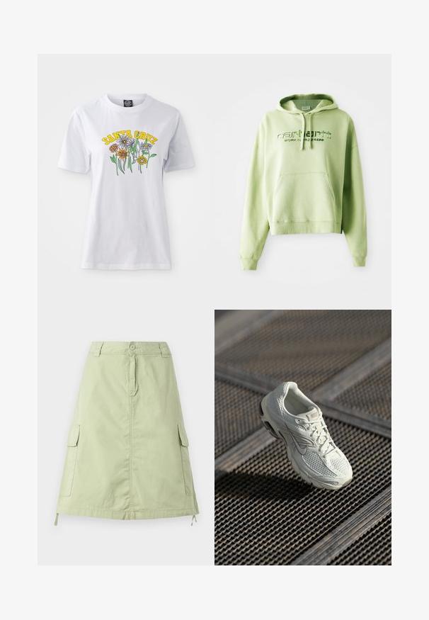 Lys grøn hoodie lavet af en bomuldsblanding. Har en kænguru-lomme, hætte med snor og broderet logo-tekst "Carhartt Work in Progress."; Hvid bomulds T-shirt med et farverigt blomsterdesign og teksten "SANTA CRUZ" i gul, rund halsudskæring, korte ærmer og en afslappet pasform.; Lys grøn bomuldsknælang nederdel med to sidelommer, en knaplukning og en afslappet lige pasform. Ensartet tekstur.; Hvide Nike løbesko med overdel i mesh og syntetisk materiale, som hviler på metalristgulv i blødt naturligt lys.