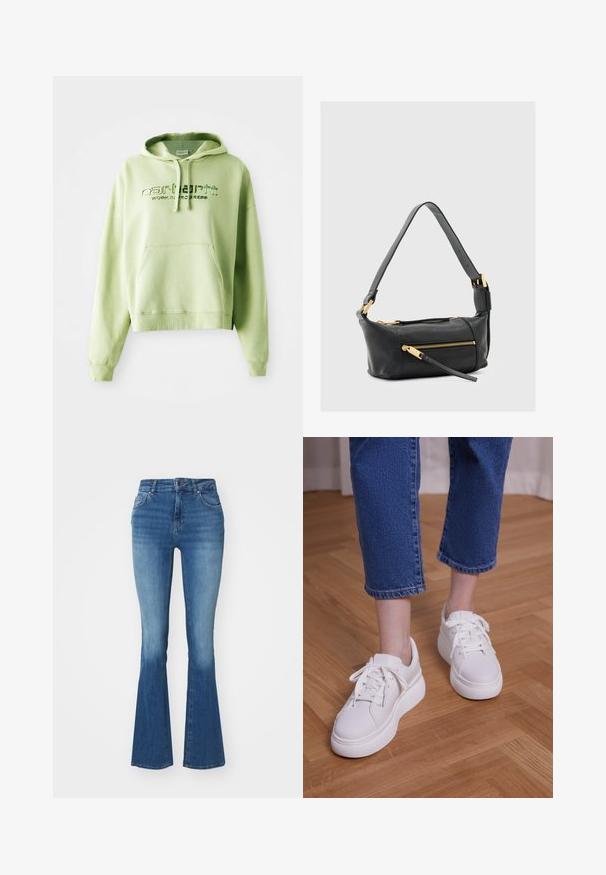 Hele roheline kapuutsiga sviiter, mis on valmistatud puuvillase seguga. Omab taskut ees, reguleeritavat kapuutsi ja tikandiga logo teksti "Carhartt Work in Progress."; Heledad kõrge vöökohaga flared teksad helesinisest denimist, millel on sile tekstuur, lukuga ja nööbiga ees, ning kaks esi taskut.; Jalad, mis kannavad lühendatud siniseid teksapükse ja valgeid paeltega platvormtossusid, seisavad helel puidust põrandal.; Mustast nahast õlakott kahepoolselt lukustatud taskutega, kuldsete metalldetailide ja lai reguleeritava rihmaga. Sile tekstuur ja ruudukujuline vorm.