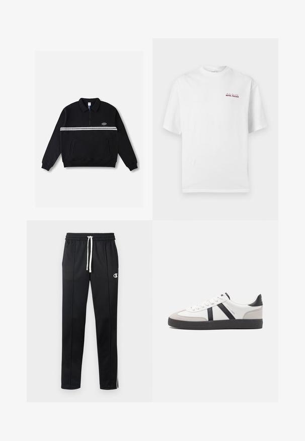 Sudadera negra de forro polar con cremallera en el cuello, franja horizontal blanca en el pecho y dos bolsillos delanteros. Tejido suave y texturizado.; Camiseta blanca de manga corta con cuello redondo y pequeño texto rojo "Royal Palace" en el área del pecho izquierdo.; Pantalones deportivos negros con cordón blanco, rayas laterales, bolsillos frontales y un pequeño logo blanco de Champion en el muslo izquierdo.; Zapatilla blanca con acentos en negro y gris, que presenta una puntera texturizada en gris, suela de goma negra y cordones planos blancos. Diseño limpio, estilo minimalista.