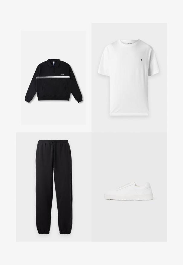Sweat-shirt à enfiler en polaire noire avec col zippé, une bande horizontale blanche sur la poitrine et deux poches avant. Tissu doux et texturé.; T-shirt en coton blanc à col rond, manches courtes, avec un petit logo noir sur la poitrine. Texture douce, coupe décontractée.; Pantalons de jogging noirs en tissu doux, dotés d'une taille élastique avec cordon de serrage ajustable et de bas de jambe resserrés.; Sneaker blanc avec une tige en cuir lisse, bout rond, lacets, accents latéraux texturés et une épaisse semelle en caoutchouc. Design minimaliste.