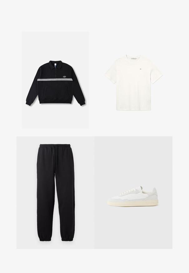 Sudadera negra de forro polar con cremallera en el cuello, franja horizontal blanca en el pecho y dos bolsillos delanteros. Tejido suave y texturizado.; Camiseta de algodón blanca con mangas cortas, cuello redondo y un pequeño logotipo negro en el pecho. Diseño sencillo y sin adornos.; Pantalones jogger negros hechos de una tela suave, con cintura elástica y cordón ajustable, y dobladillos en los tobillos.; Zapatilla blanca con parte superior texturizada de ante y cuero. Presenta una puntera redondeada, cierre con cordones y suela de goma beige contrastante.