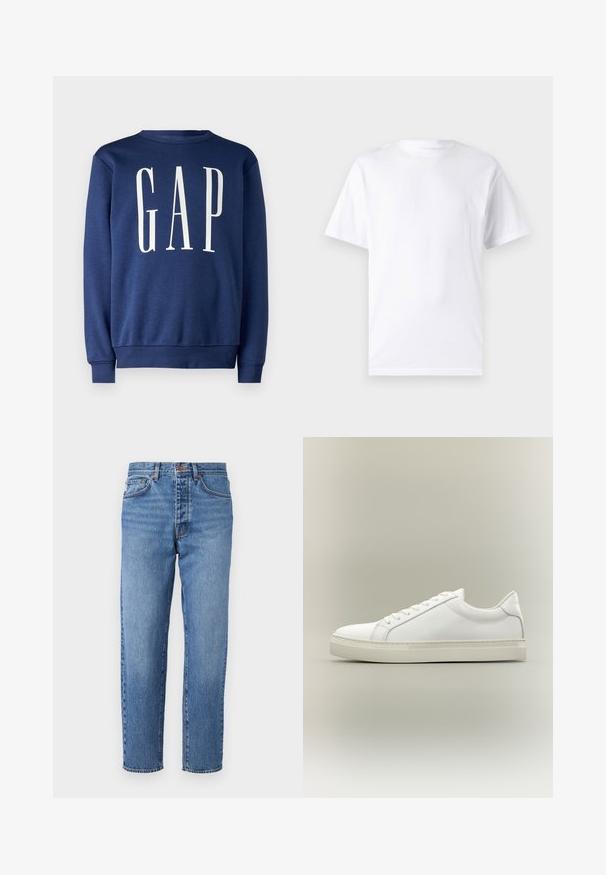 GAP Sweatshirt - blue shade; T-shirt blanc à manches courtes en coton avec un col rond, présentant une texture lisse et un design simple, sans motifs ni accents.; Jean en denim bleu clair avec une coupe droite, cinq poches et un zip à bouton. Texture délavée avec un léger effet de frottement à l'avant.; Baskets blanches basses à lacets sur l’avant et semelle épaisse, vues de côté sur un fond neutre.