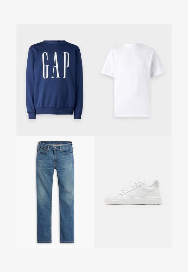 GAP Pusa - blue shade; Valge lühikeste varrukatega T-paita, mis on valmistatud puuvillast, laheda kaelusega. T-särk on sileda tekstuuri ja lihtsa disainiga, ilma mustrite või aksessuaarideta.; Sinine sirge säärtega denim püksid ees nööbi ja tõmblukuga, viie tasku disain ja kerge pleekimine reitel ja põlvadel.; Valged nahast spordijalatsid siledast nahast viimistlusega, ümarate varvastega, lamekestega ja tekstuuriga tallaga. Hall suede aktsent kanna juures.