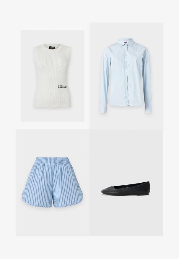 Haut sans manches en tricot côtelé blanc avec encolure ronde et logo « Barbour International » brodé près de la taille sur le côté droit à l'avant.; Chemise bleu clair à manches longues avec rayures blanches verticales, boutonnée à l'avant, col pointu et petit logo sur la poitrine.; Short bleu clair avec fines rayures noires verticales, taille élastique et ourlets arrondis.; Ballerine en cuir noir avec une texture lisse, bout arrondi et décoration subtile à l'avant. Talon plat et bas.
