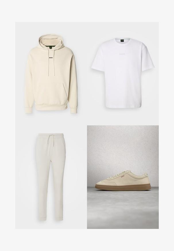 Hættetrøje i flødehvid med forlomme, justerbare snore og "BOSS"-logo broderet i sort på brystet. Blødt materiale.; Hvid bomulds T-shirt med korte ærmer, rund halsudskæring og præget "BOSS" logo på brystet. Glat tekstur, standard pasform.; Lys beige sweatpants lavet af blødt, tekstureret stof. Har en snørre i taljen, ribbede manchetter og sidelommer. Skræddersyet pasform.; Lyse beige ruskindssneaker med gummisål i farven gum, tydelige snørebånd og fine syningsdetaljer. Ren design med et minimalistisk æstetisk udtryk.