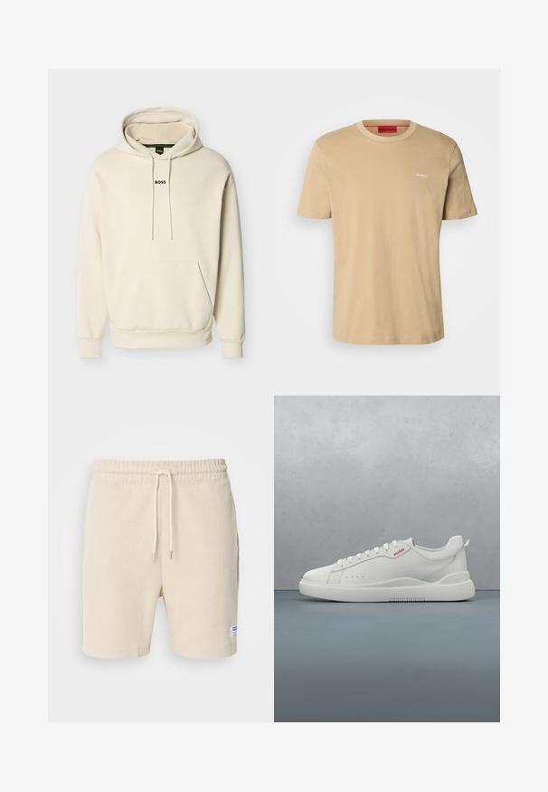 Sweat à capuche couleur crème avec une poche avant, des cordons ajustables et le logo "BOSS" brodé en noir sur la poitrine. Matière douce.; T-shirt en coton beige avec un col rond, des manches courtes et un petit logo blanc "HUGO" sur la poitrine. Texture lisse sans motifs.; Shorts de couleur crème en tissu texturé. Dotés d'une taille élastique avec cordon de serrage et de poches latérales. Petite étiquette sur l'ourlet.; Sneaker blanche avec une finition en cuir lisse, bout rond, quatre œillets, perforations subtiles et un détail de logo rouge sur le côté.