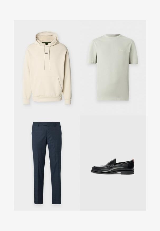 Sweat à capuche couleur crème avec une poche avant, des cordons ajustables et le logo "BOSS" brodé en noir sur la poitrine. Matière douce.; T-shirt gris clair à manches courtes avec col rond et petit logo blanc "HUGO" sur la poitrine gauche.; Pantalon bleu marine en tissu texturé avec un motif à carreaux subtil. Coupe ajustée avec un devant plat et des poches latérales.; Mocassins en cuir noir au design élégant, à bout arrondi, avec une texture sur le devant et une semelle en caoutchouc pour une meilleure adhérence. Équipés d'une tirette à l'arrière.