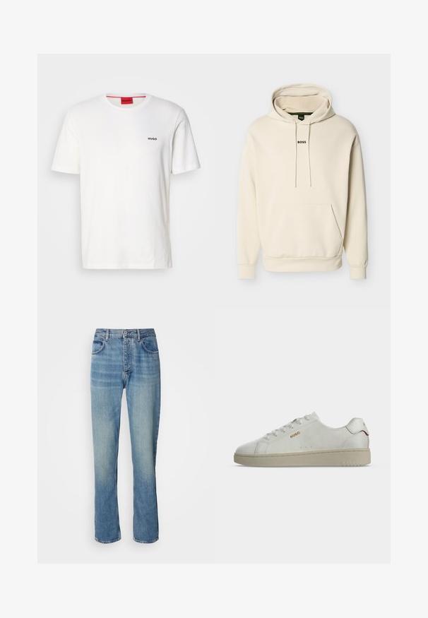 Sudadera con capucha color crema con bolsillo frontal, cordones ajustables y logo "BOSS" bordado en negro en el pecho. Material suave.; Camiseta de algodón blanca de cuello redondo y mangas cortas, con un pequeño logo negro "HUGO" en el lado izquierdo del pecho y una etiqueta roja de contraste en el interior.; Jeans de denim de pierna recta en azul claro con una cintura alta, cierre frontal de botón y cremallera, y diseño de cinco bolsillos.; Zapatilla blanca de caña baja con suela beige, logo dorado "HUGO" en el lateral y detalle rojo en la lengüeta del talón, mostrada en perfil lateral.