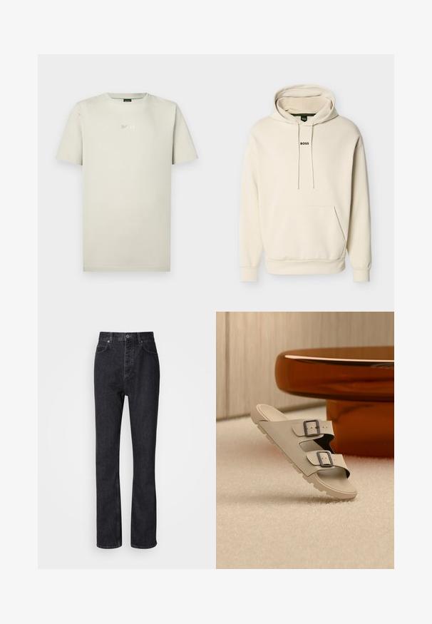Sweat à capuche couleur crème avec une poche avant, des cordons ajustables et le logo "BOSS" brodé en noir sur la poitrine. Matière douce.; T-shirt en coton beige avec col rond et manches courtes. Présente un logo "BOSS" argenté discret sur la poitrine. Texture lisse.; Jean en denim noir taille haute avec fermeture à bouton et à glissière, poches avant et arrière, et coupe droite.; Sandale beige avec deux boucles noires en équilibre sur un sol blanc texturé, devant une table ronde et brillante couleur ambre, dans une pièce minimaliste.