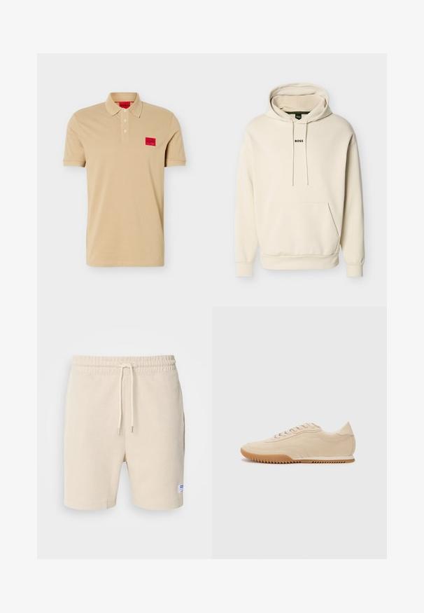 Sweat à capuche couleur crème avec une poche avant, des cordons ajustables et le logo "BOSS" brodé en noir sur la poitrine. Matière douce.; Polo beige à manches courtes avec trois boutons, un col et des poignets côtelés, et des patchs logo "HUGO" rouges sur la poitrine et à l'intérieur du col.; Shorts de couleur crème en tissu texturé. Dotés d'une taille élastique avec cordon de serrage et de poches latérales. Petite étiquette sur l'ourlet.; Baskets en daim beige au design épuré, présentant une tige texturée, un bout rond et une semelle en caoutchouc avec un motif en zigzag.
