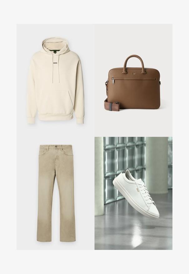 Crèmekleurige capuchontrui met een voorzak, verstelbare trekkoorden en een "BOSS"-logo in het zwart geborduurd op de borst. Zacht materiaal.; Beige katoenen broek met een rechte pijp, voorzien van voorzakken en een klassieke knoopsluiting. Soepele textuur met subtiele vervaging.; Witte leren lage sneaker met veters, zwarte hielstrook en "BOSS"-logo, zwevend binnenshuis bij een glazen stenen muur en gepolijste vloer.; Bruine leren aktetas met bovenhandvatten, voorvak met ritssluiting en afneembare bijpassende schouderriem op witte achtergrond.