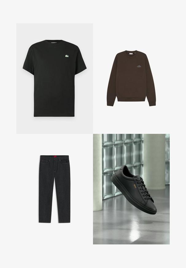 Sudadera de algodón marrón con cuello redondo, puños y bajo acanalados, que presenta un pequeño logotipo azul en la zona izquierda del pecho.; Camiseta de algodón negra con cuello redondo, mangas cortas y un logo bordado verde en el lado izquierdo del pecho. Textura suave, corte holgado.; Vaqueros de mezclilla lavada en oscuro con corte de pierna recta, que presentan una etiqueta de marca roja en la cintura y un detalle mínimo de costuras.; Zapatilla baja de piel negra con cordones negros y logo dorado BOSS en el lateral, flotando sobre un suelo gris brillante en un espacio interior moderno.