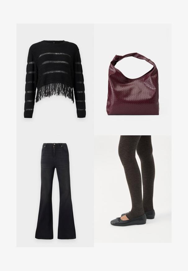 Sort cropped sweater med horisontale striber i åben vævning og frynset kant. Blød tekstur med lange ærmer og rund halsudskæring.; Sorte højtaljede denimjeans med flared ben, frontknap og lynlåslukning samt fem-lommen stil.; Ben iført mørke ribbede leggings kombineret med sorte balletsko med små sløjfedetaljer på hvid baggrund.; Burgunderfarvet taske med et tekstureret, vævet mønster, blødt lædermateriale og et enkelt, knyttet håndtag. Rummeligt, hobo-stil design.